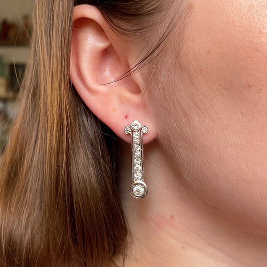 Art Deco Platinum and Old European Cut Diamond Drop Earrings