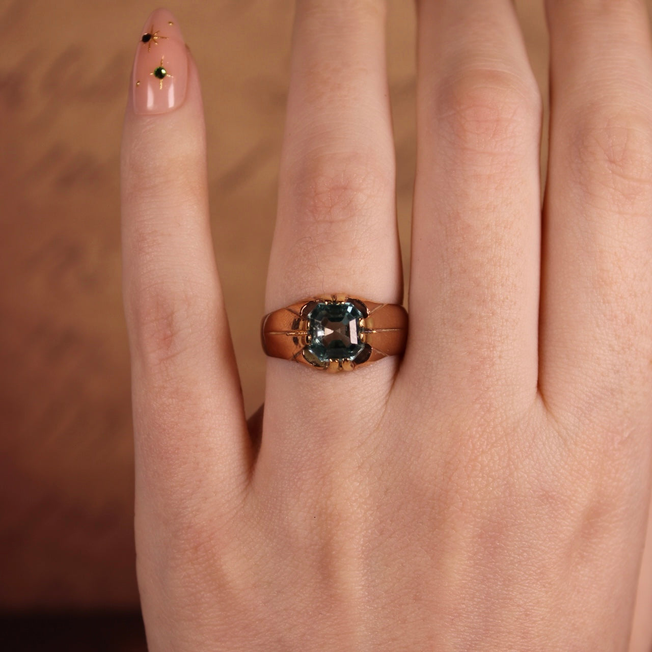 Edwardian 10k Rose Gold and Blue Zircon Ring