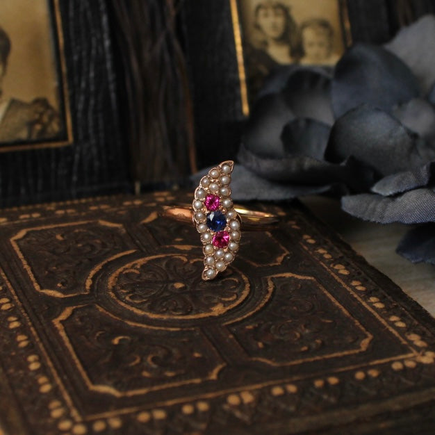 Edwardian 10k Rose Gold Sapphire, Ruby, and Pearl Ring