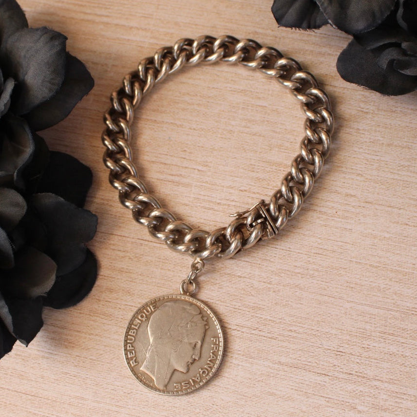 Art Deco Friedrich Binder Mainz Silver Charm Bracelet with French Turin 1931 10 Francs Silver Coin