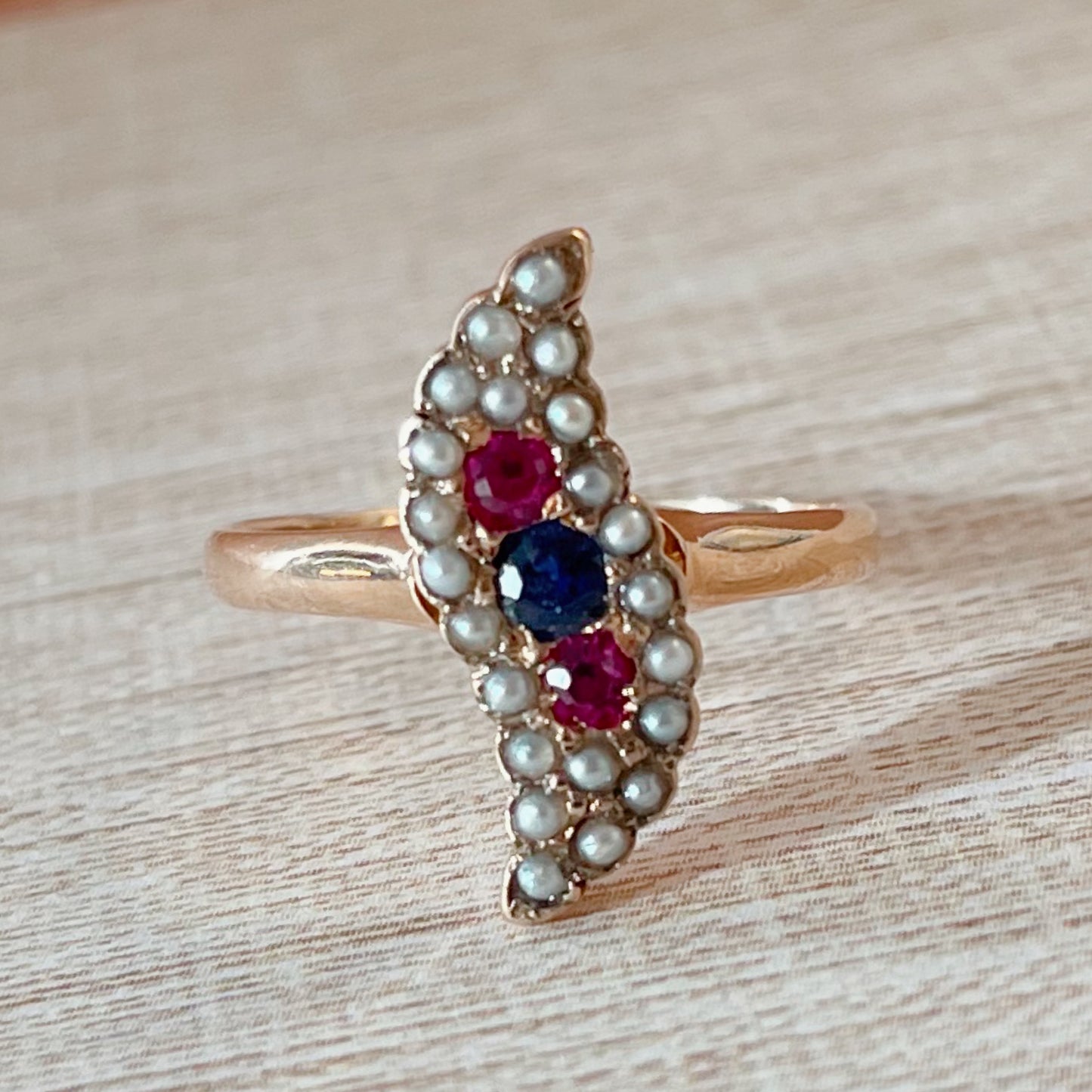 Edwardian 10k Rose Gold Sapphire, Ruby, and Pearl Ring