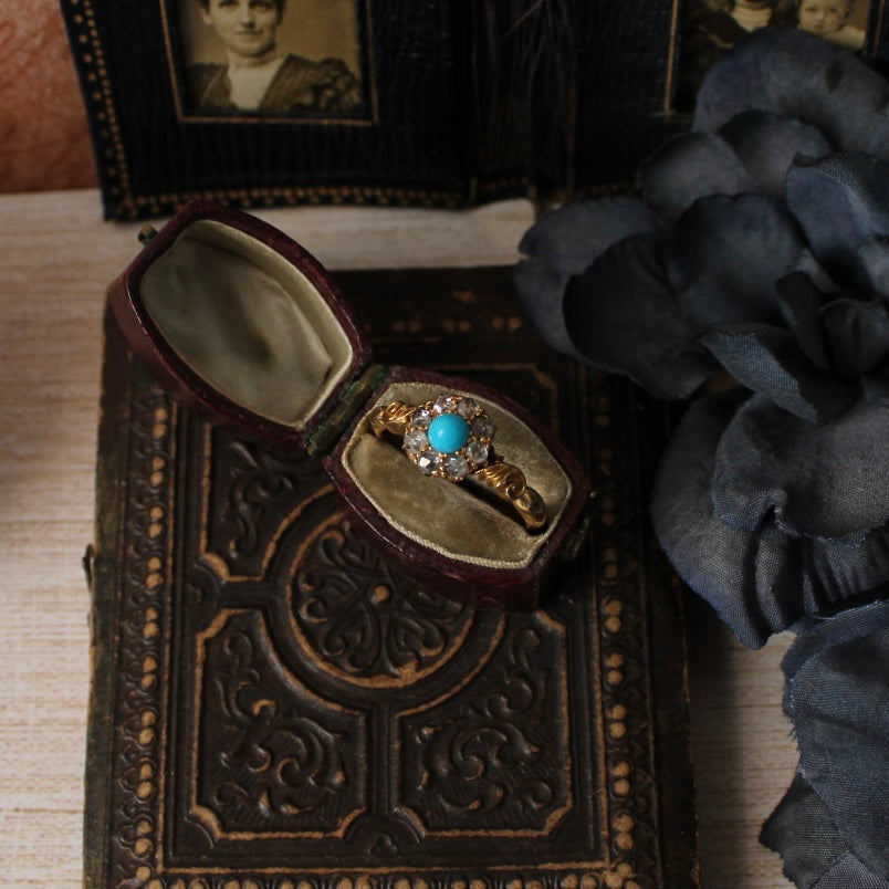 Victorian 18k Yellow Gold, Turquoise, and Diamond Cluster Ring