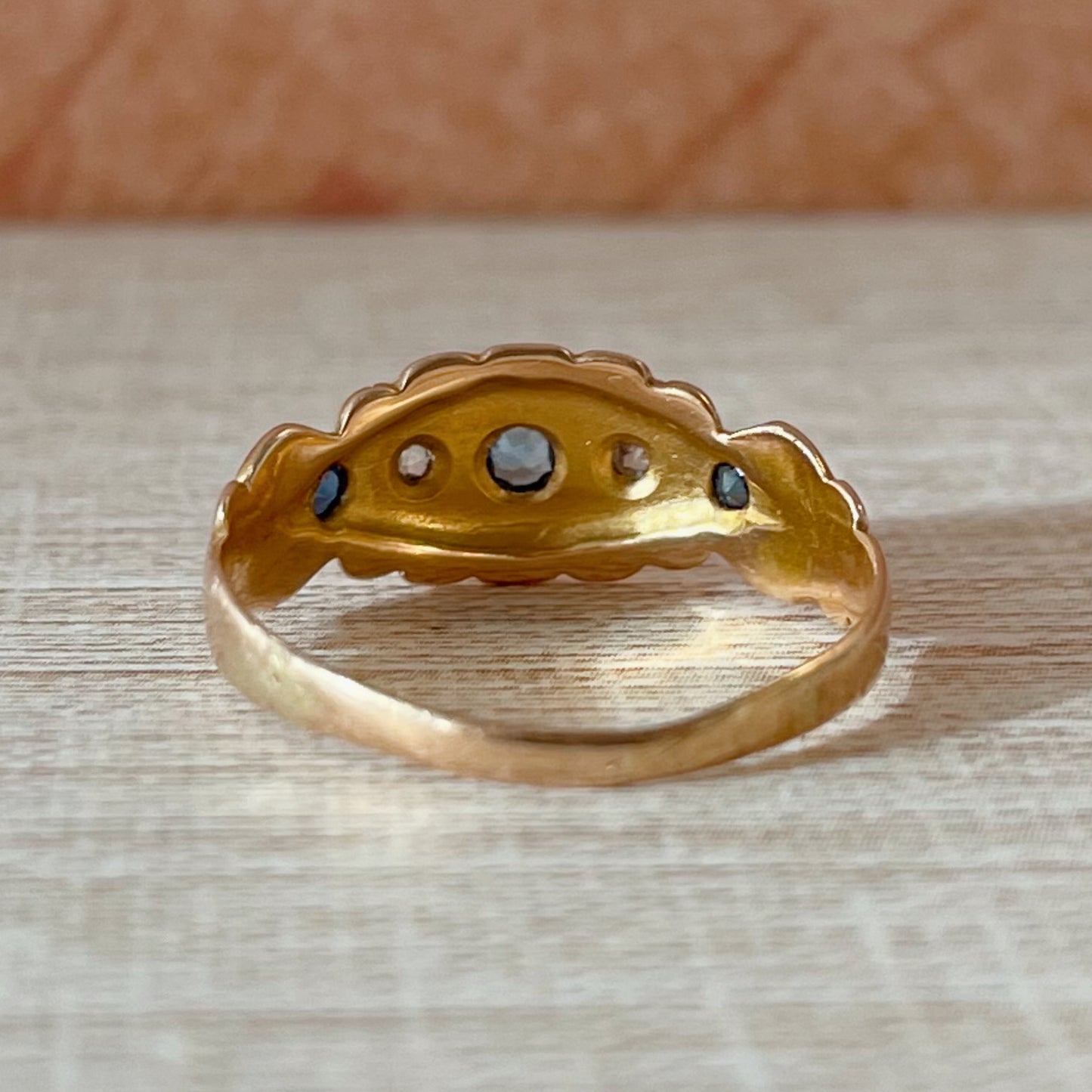 Victorian 18k Yellow Gold, Sapphire, and Diamond Five Stone Ring