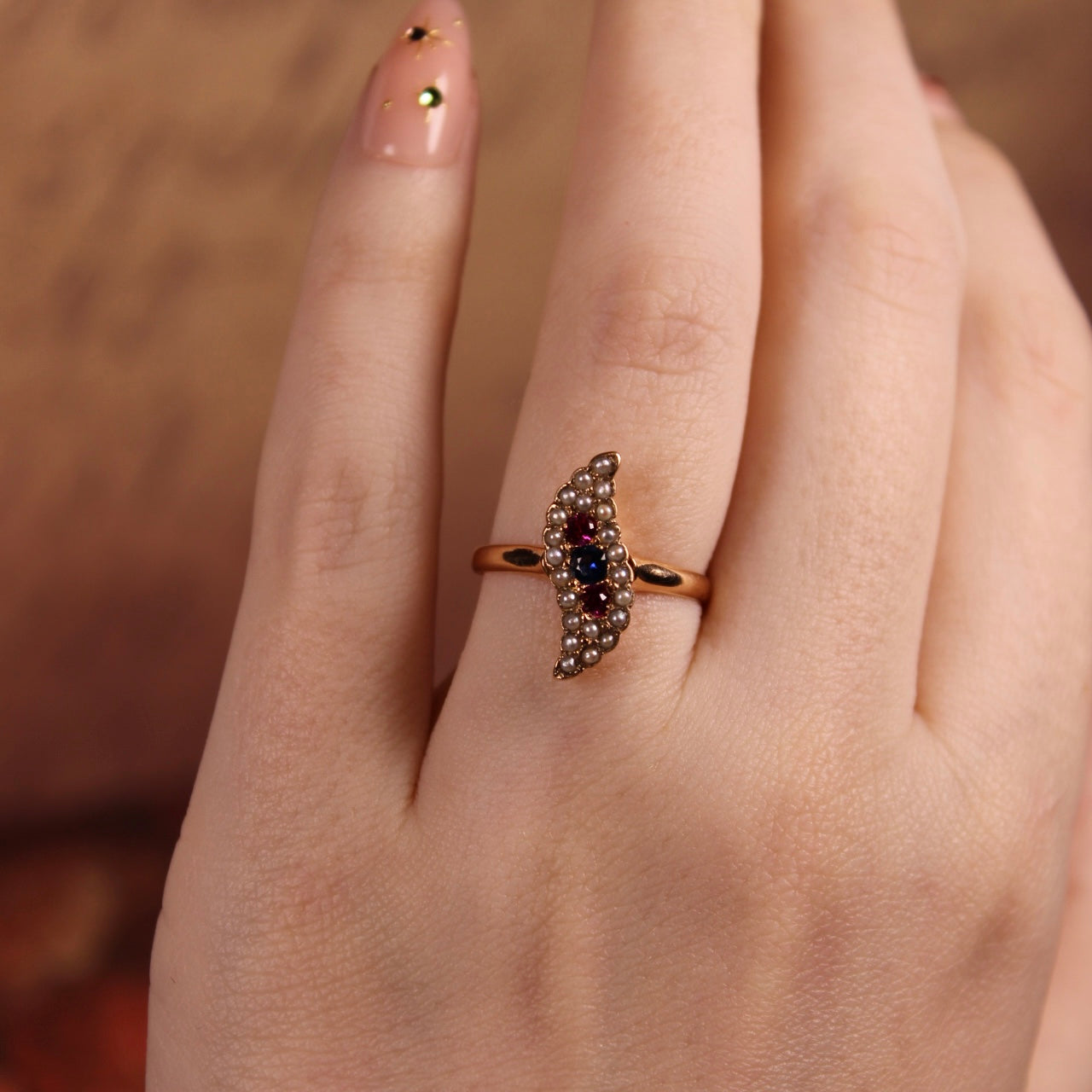 Edwardian 10k Rose Gold Sapphire, Ruby, and Pearl Ring