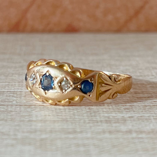 Victorian 18k Yellow Gold, Sapphire, and Diamond Five Stone Ring