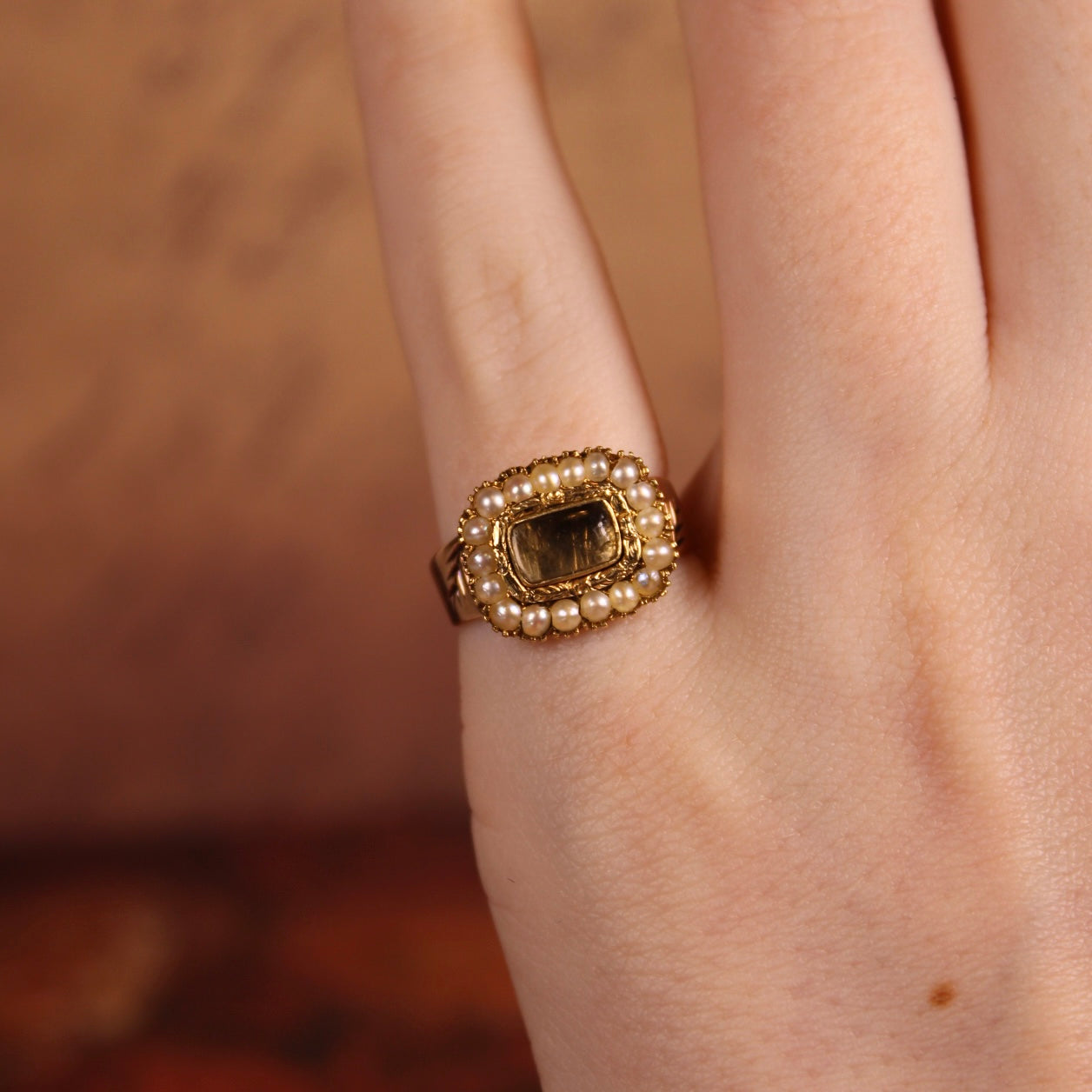 Antique Georgian 10k Gold, 14k Gold, and Seed Pearl Mourning Locket Ring