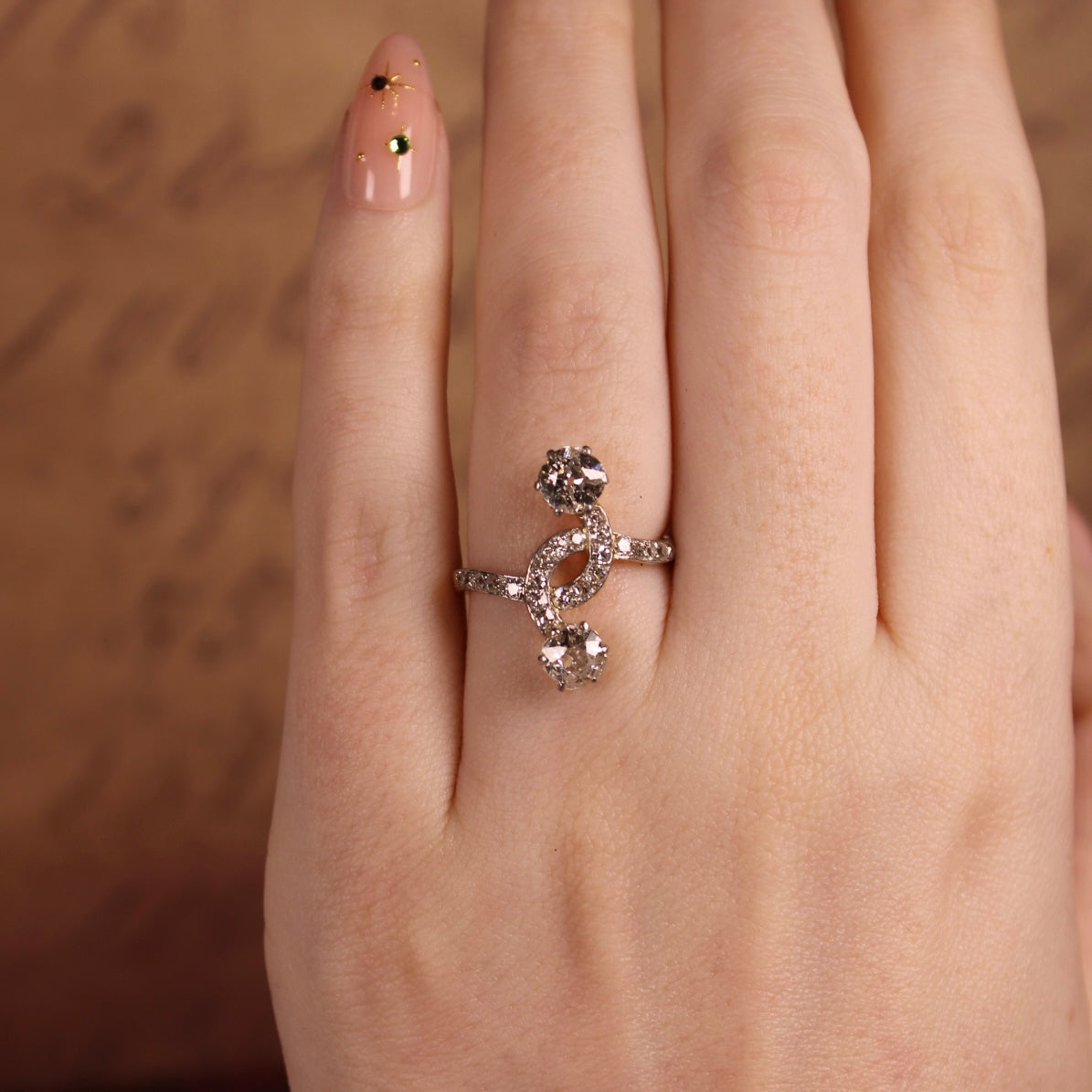 Edwardian Platinum, 14k Yellow Gold, and Diamond Toi et Moi Ring