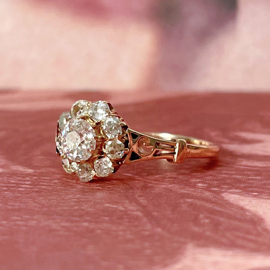 Victorian 10K Rose Gold and Old Mine Cut Diamond Cluster Ring