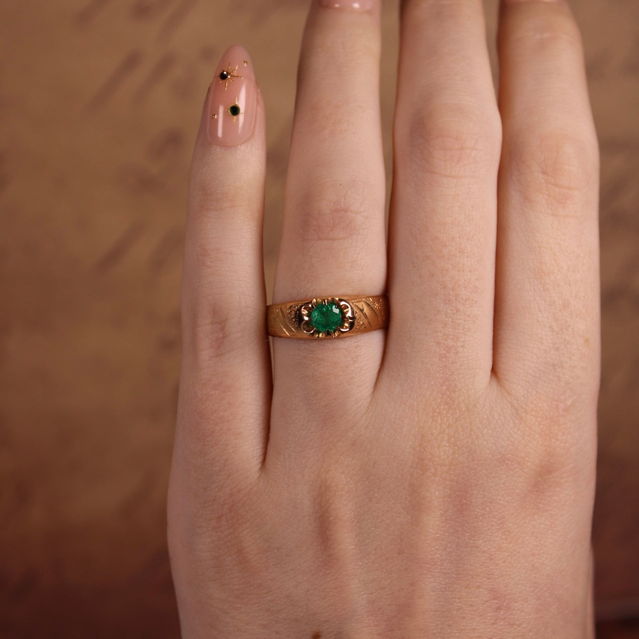 Antique Austro-Hungarian 14k Rose Gold and Emerald Belcher Ring