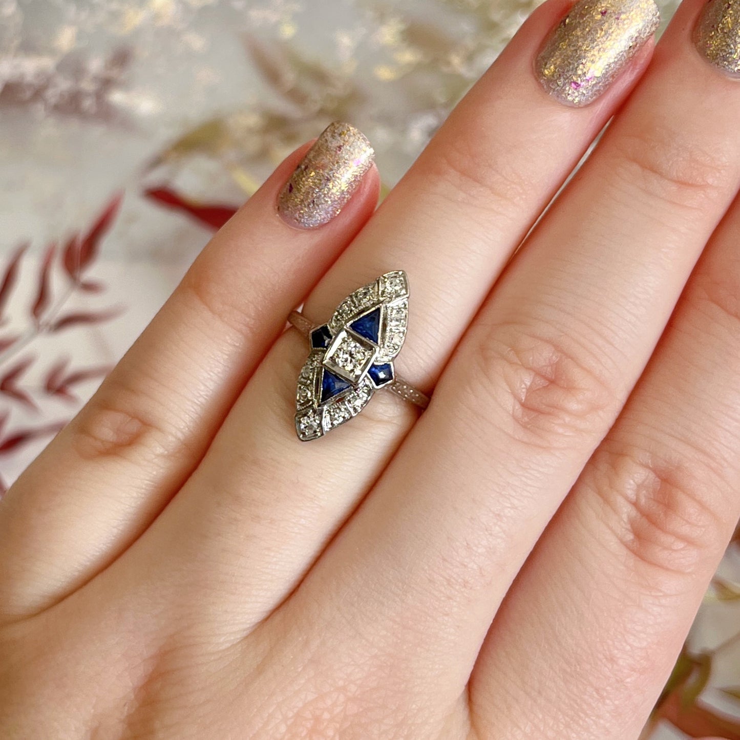 Art Deco Platinum, Diamond, and Sapphire Navette Ring
