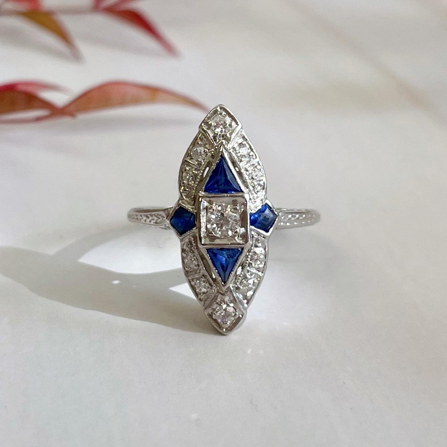 Art Deco Platinum, Diamond, and Sapphire Navette Ring