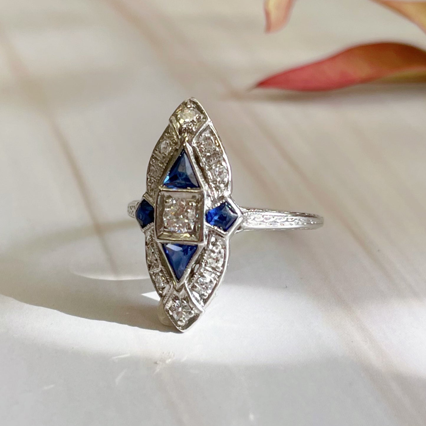 Art Deco Platinum, Diamond, and Sapphire Navette Ring