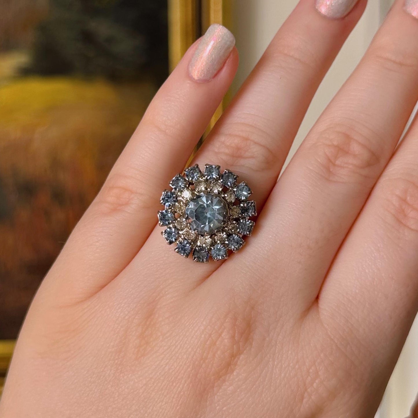 Mid-Century Silver-Tone and Light Blue Crystal Adjustable Ring