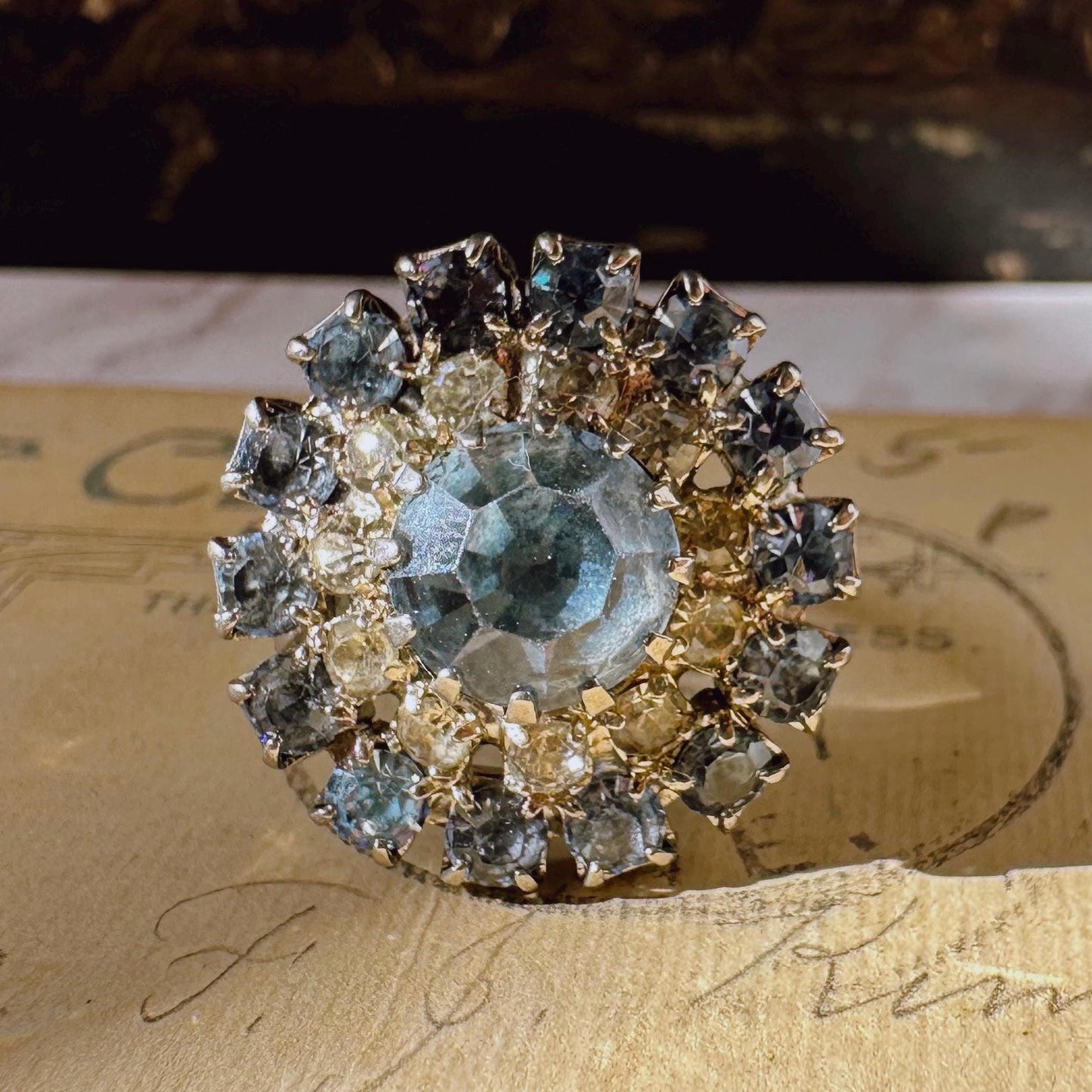 Mid-Century Silver-Tone and Light Blue Crystal Adjustable Ring