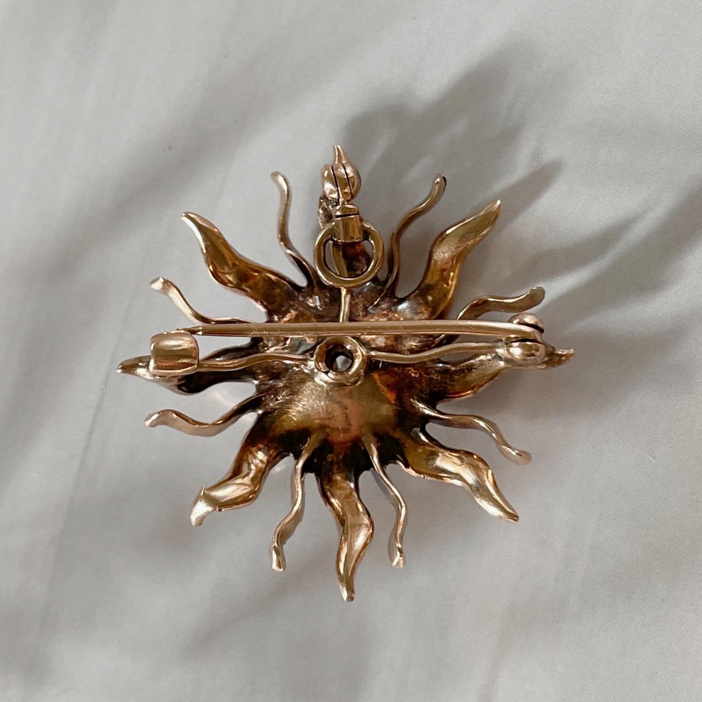 Victorian 10k Rose Gold, Diamond, and Seed Pearl Starburst Sunburst Celestial Brooch/Pendant