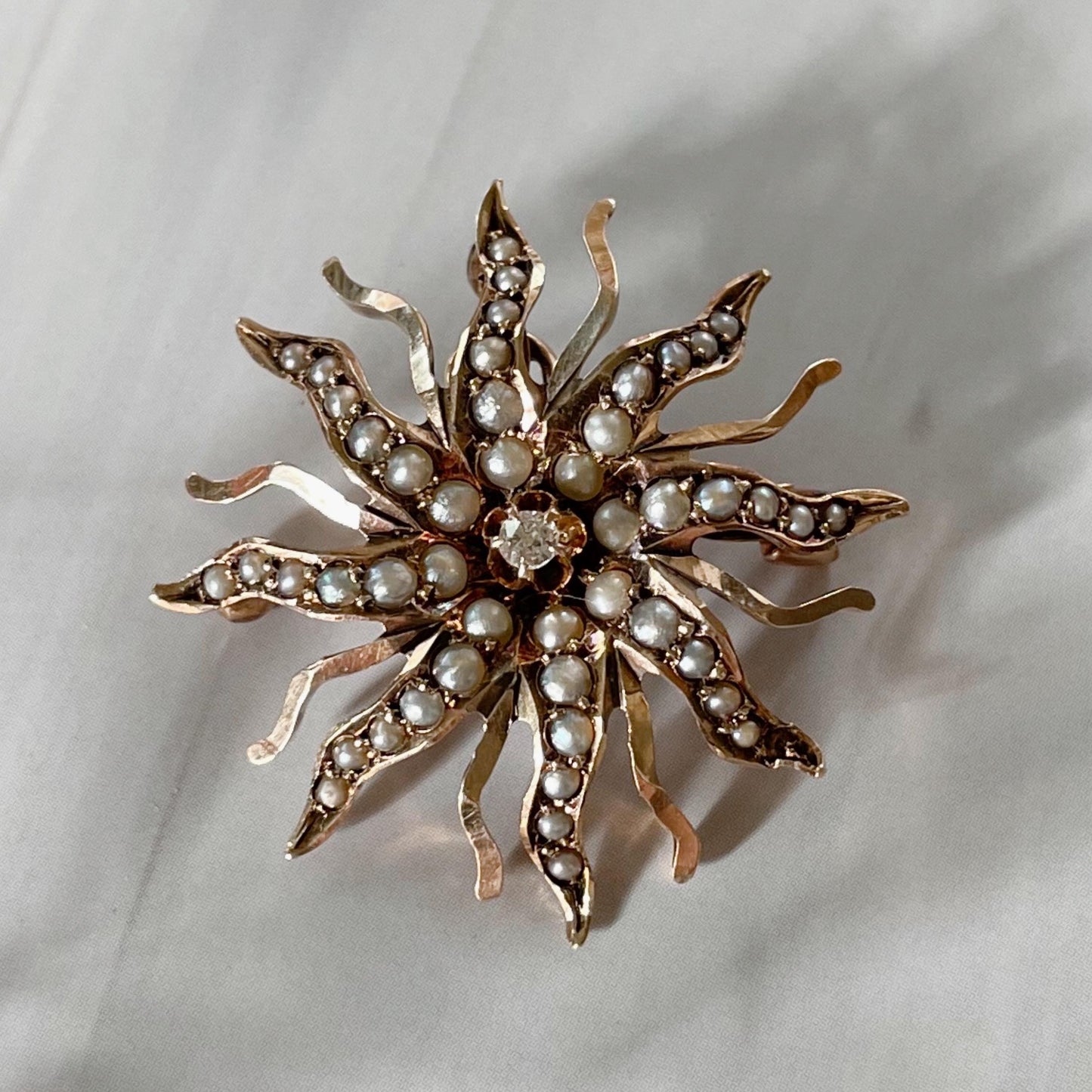 Victorian 10k Rose Gold, Diamond, and Seed Pearl Starburst Sunburst Celestial Brooch/Pendant