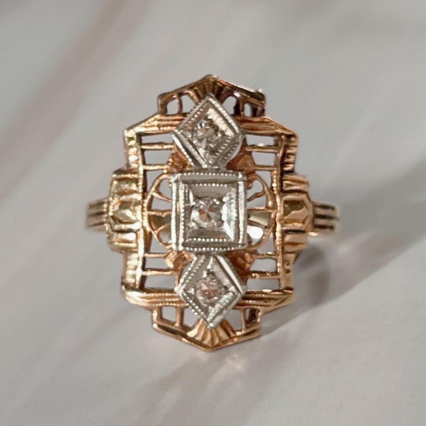Art Deco 14k Two-Tone Gold and Diamond Filigree Dinner Ring