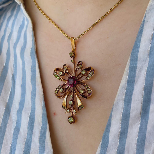 Antique Russian 14k Rose Gold, Tourmaline, and Demantoid Garnet Pendant