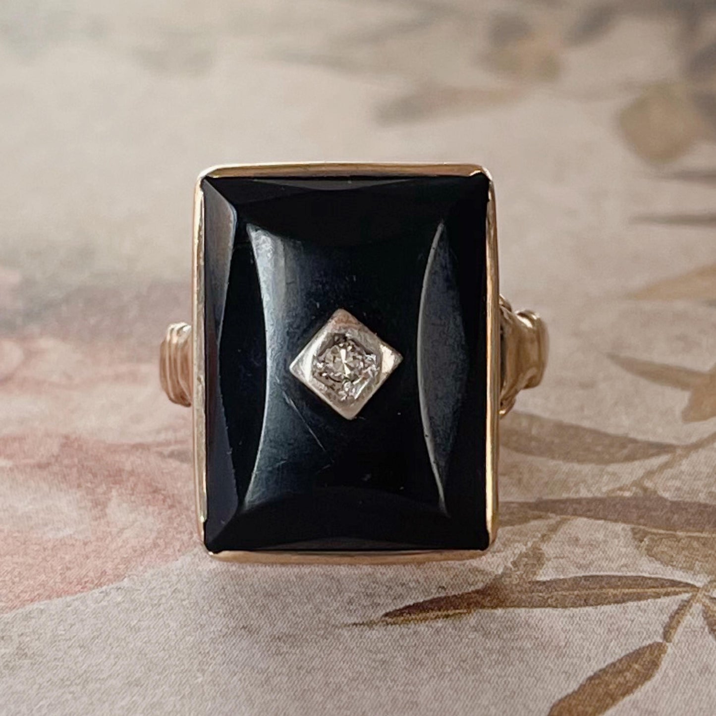 Art Deco 10k Yellow Gold, Onyx, and Diamond Ring