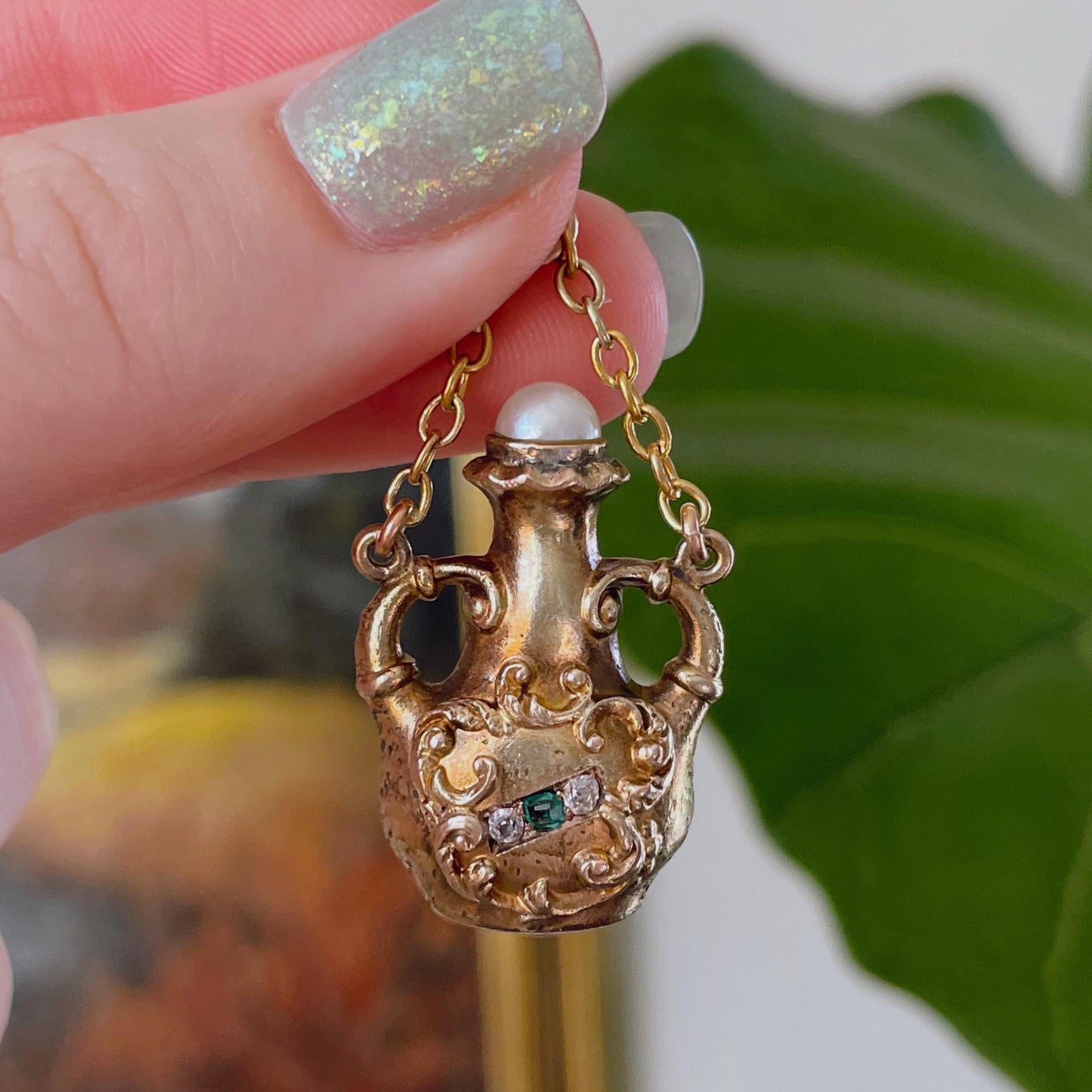 Victorian 19k Yellow Gold, Diamond, Emerald, and Pearl Jar Pendant/Charm