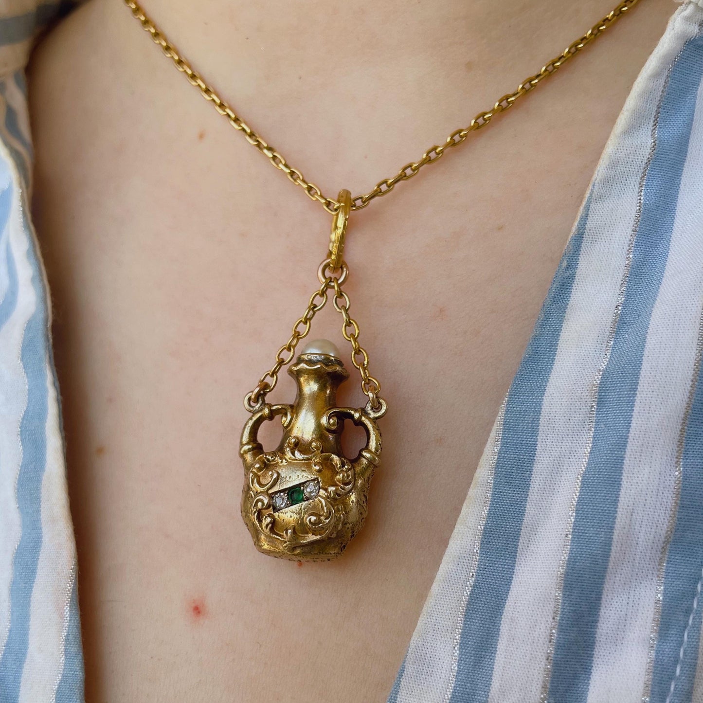 Victorian 19k Yellow Gold, Diamond, Emerald, and Pearl Jar Pendant/Charm