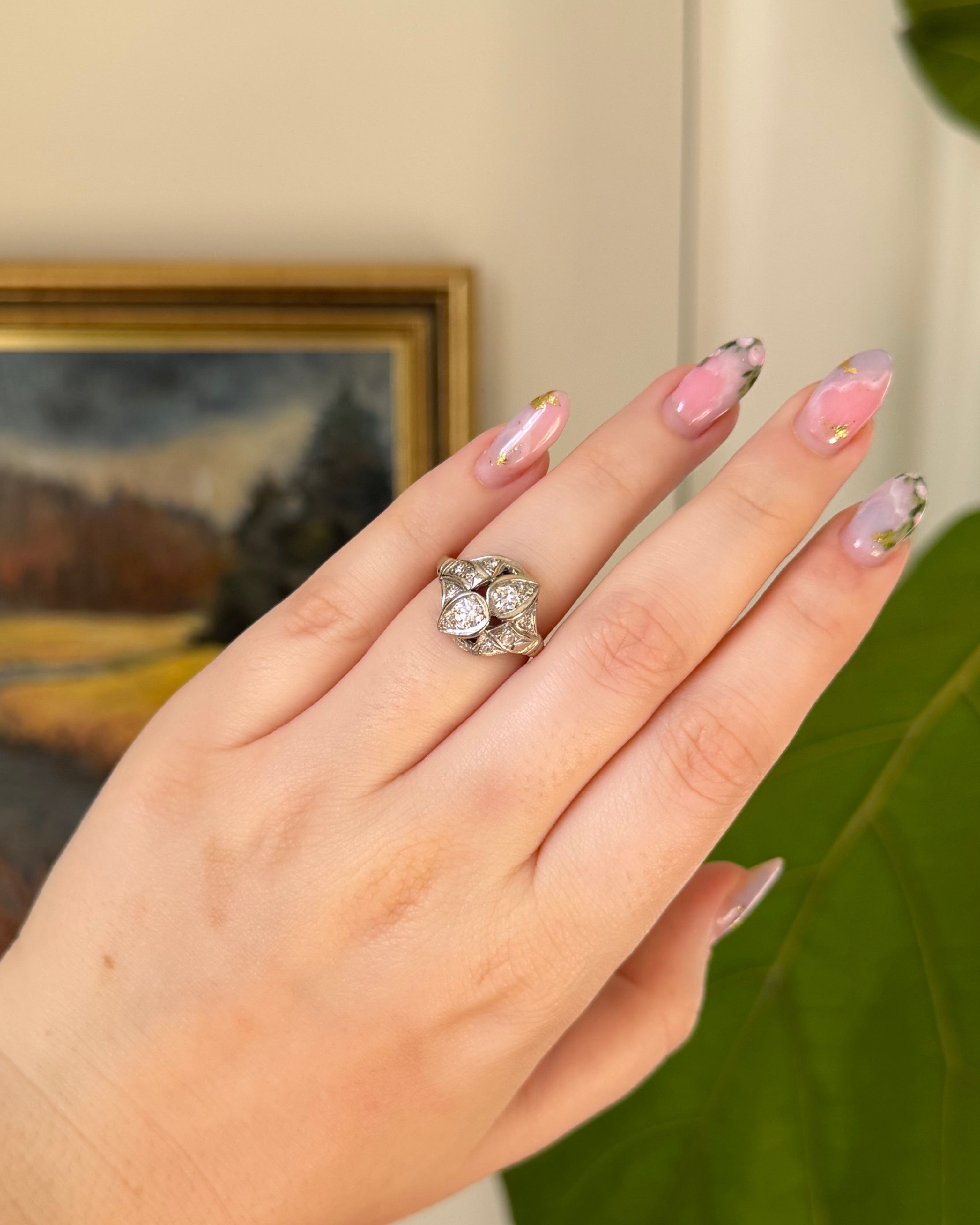 Late Art Deco 14k White and Diamond Toi et Moi Dinner Ring