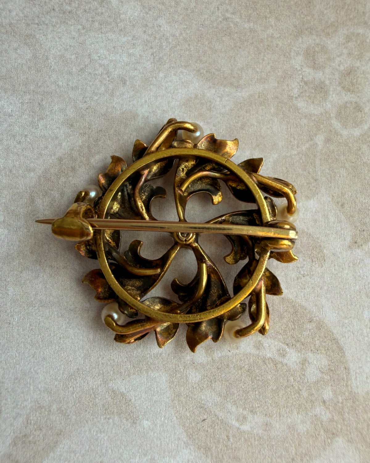 Art Nouveau 14k Yellow Gold, Diamond, and Pearl Floral Leaf Brooch