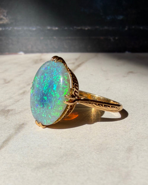 Antique-Inspired 18k Yellow Gold 4.30 Carat Australian Black Opal Ring