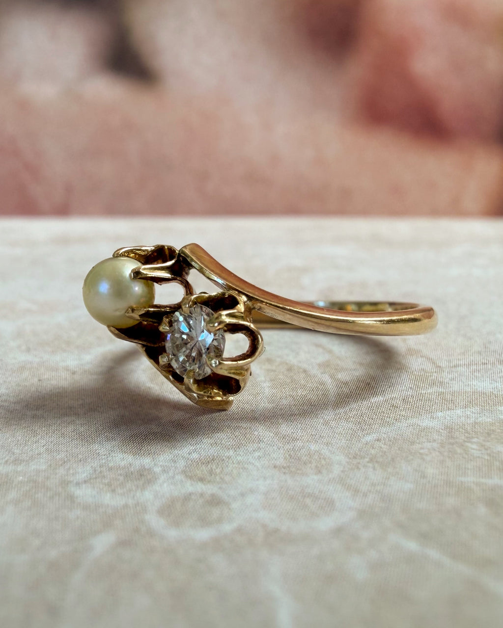 Retro 12k Yellow Gold Diamond and Pearl Toi et Moi Bypass Buttercup Ring