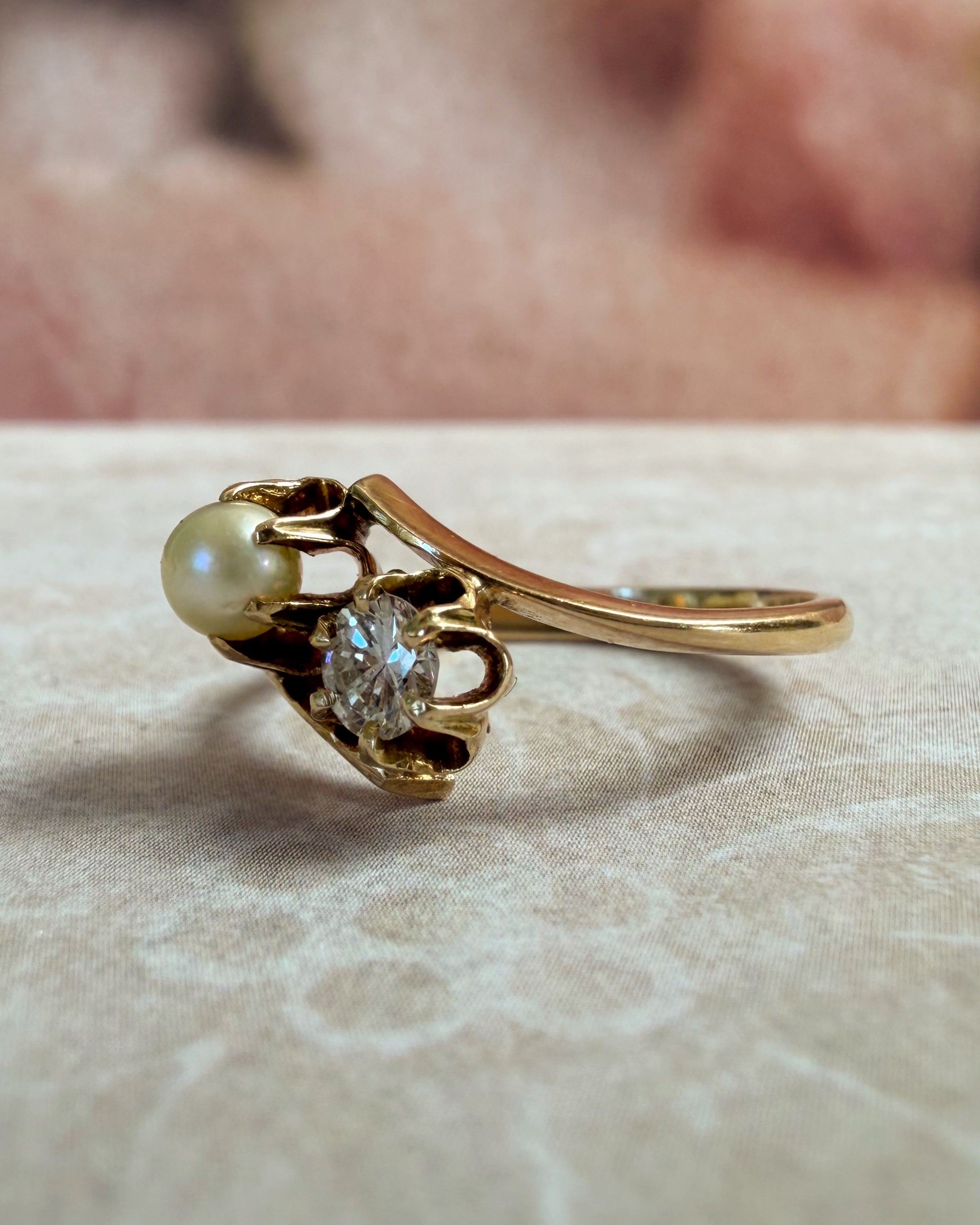 Retro 12k Yellow Gold Diamond and Pearl Toi et Moi Bypass Buttercup Ring