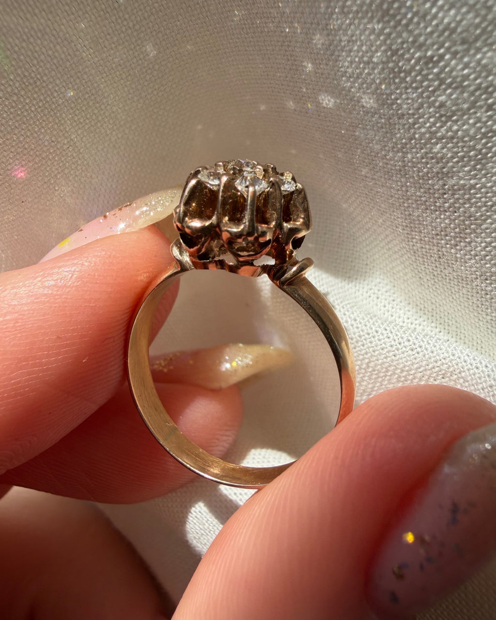 Victorian 10k Rose Gold and Old Mine Cut Diamond Cluster Ring