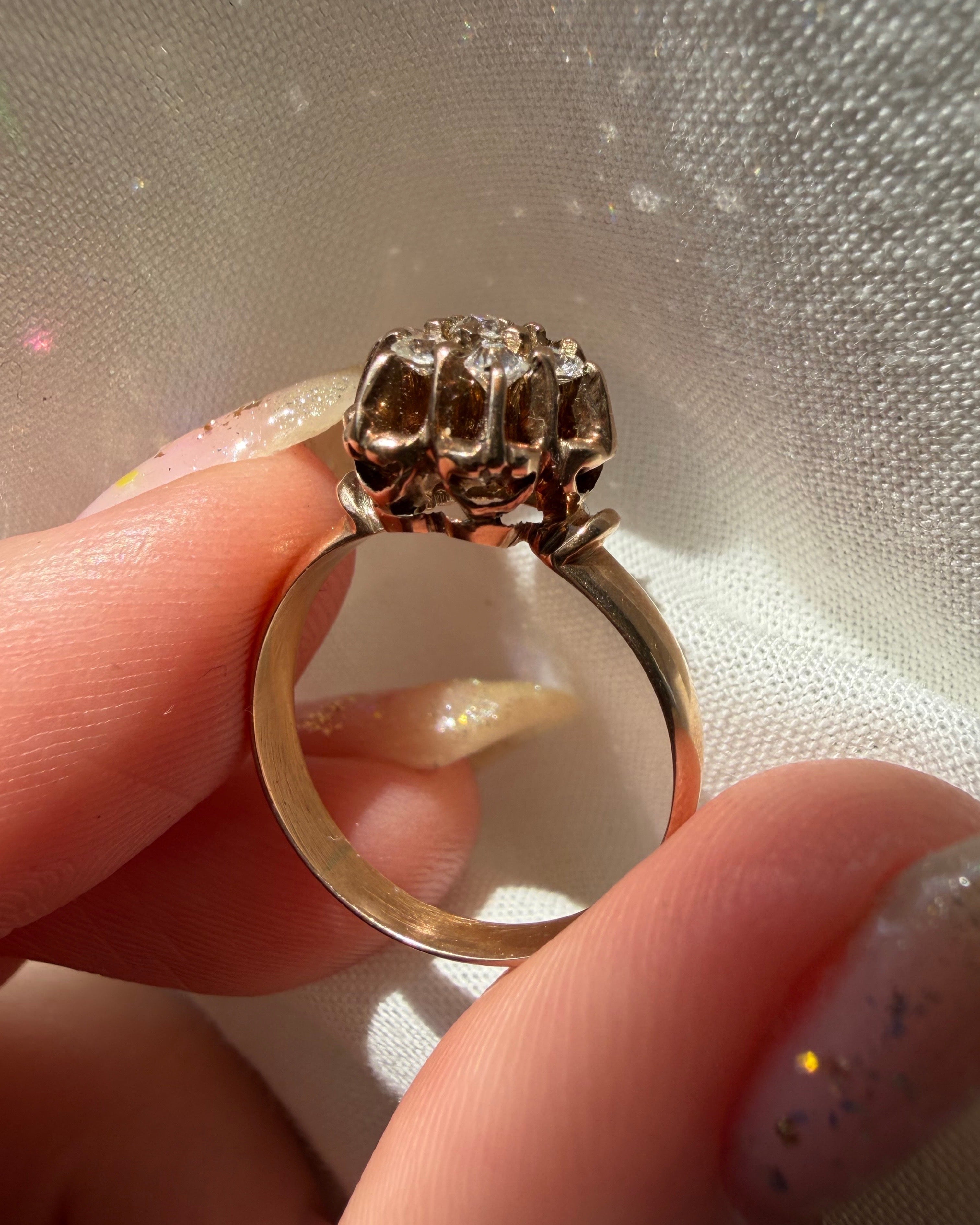 Victorian 10k Rose Gold and Old Mine Cut Diamond Cluster Ring