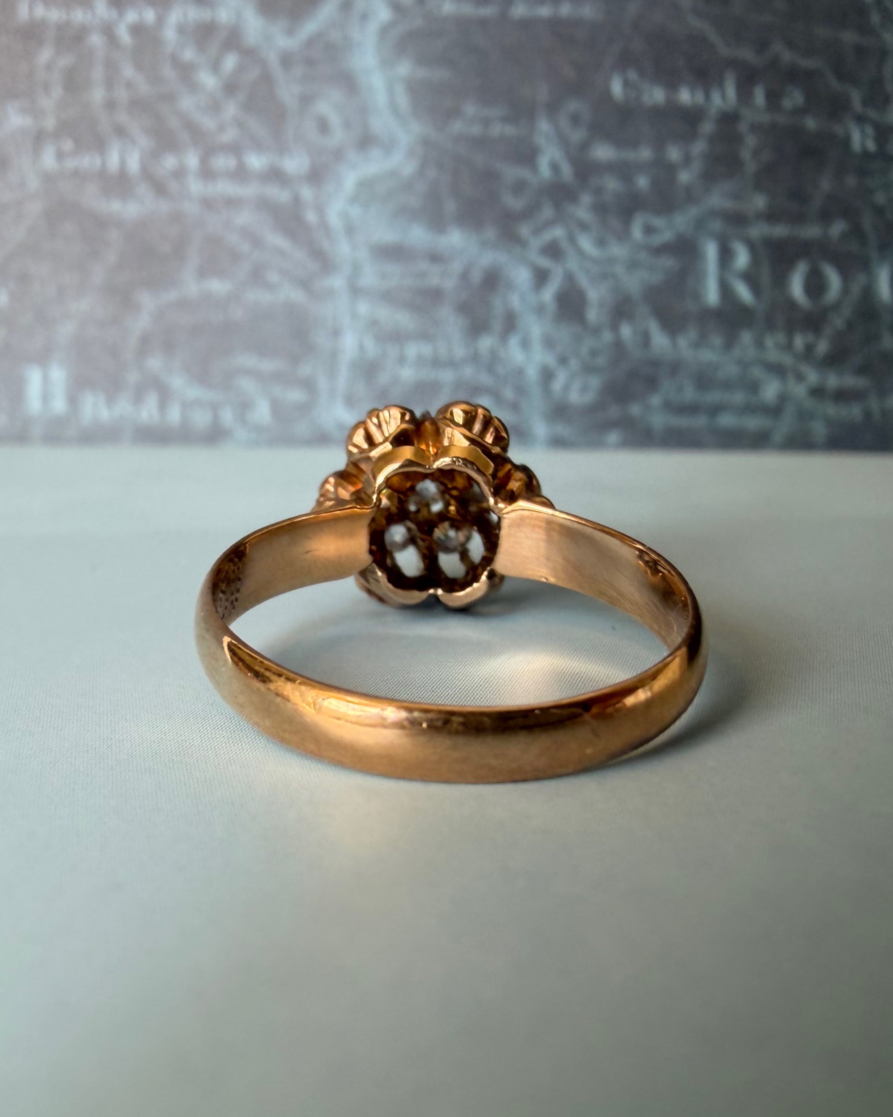 Victorian 10k Rose Gold and Old Mine Cut Diamond Cluster Ring
