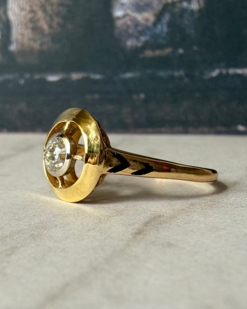 Art Deco 14k Yellow Gold, Old European Cut Diamond, and Enamel Target Ring