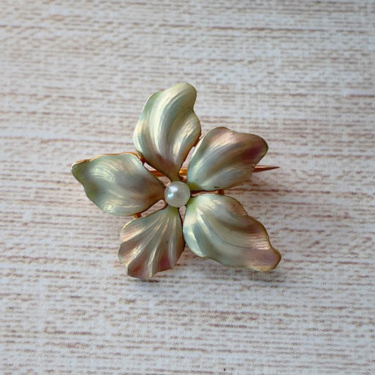 Whiteside & Blank Art Nouveau 14k Yellow Gold, Pearl, and Enamel Flower Pin