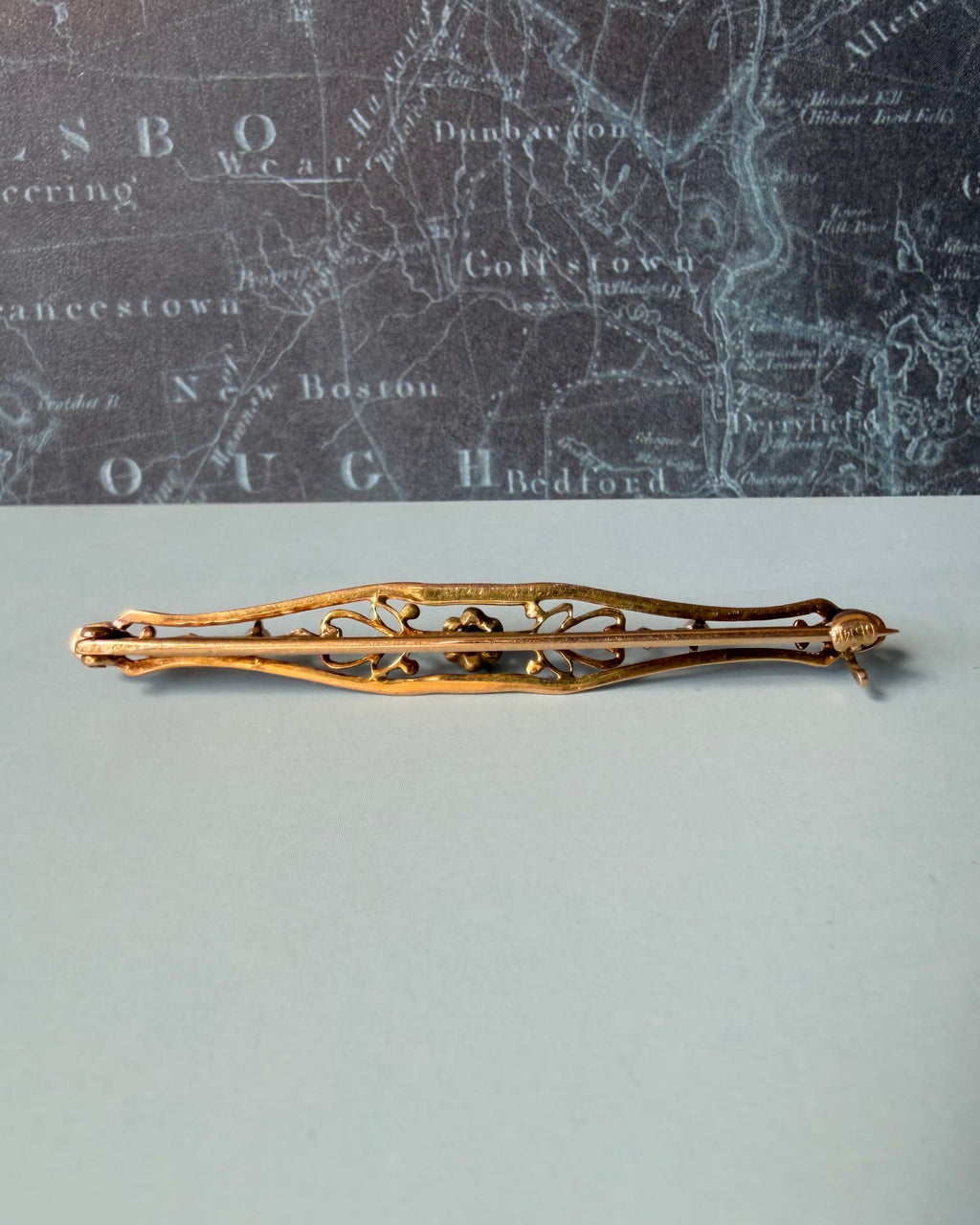 Edwardian Ostby & Barton 14k Two Tone Gold, Sapphire, and Pearl Filigree Bar Brooch