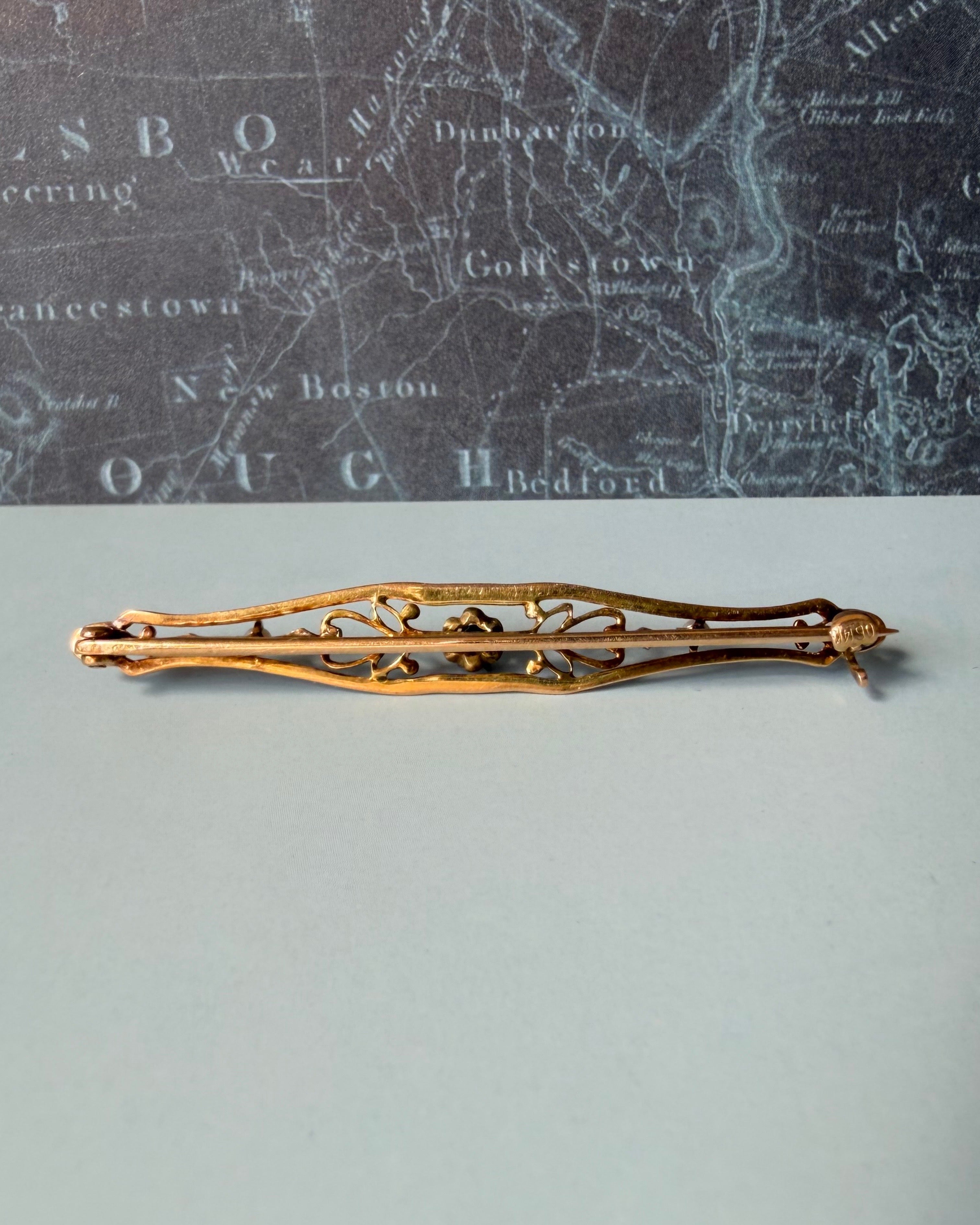 Edwardian Ostby & Barton 14k Two Tone Gold, Sapphire, and Pearl Filigree Bar Brooch
