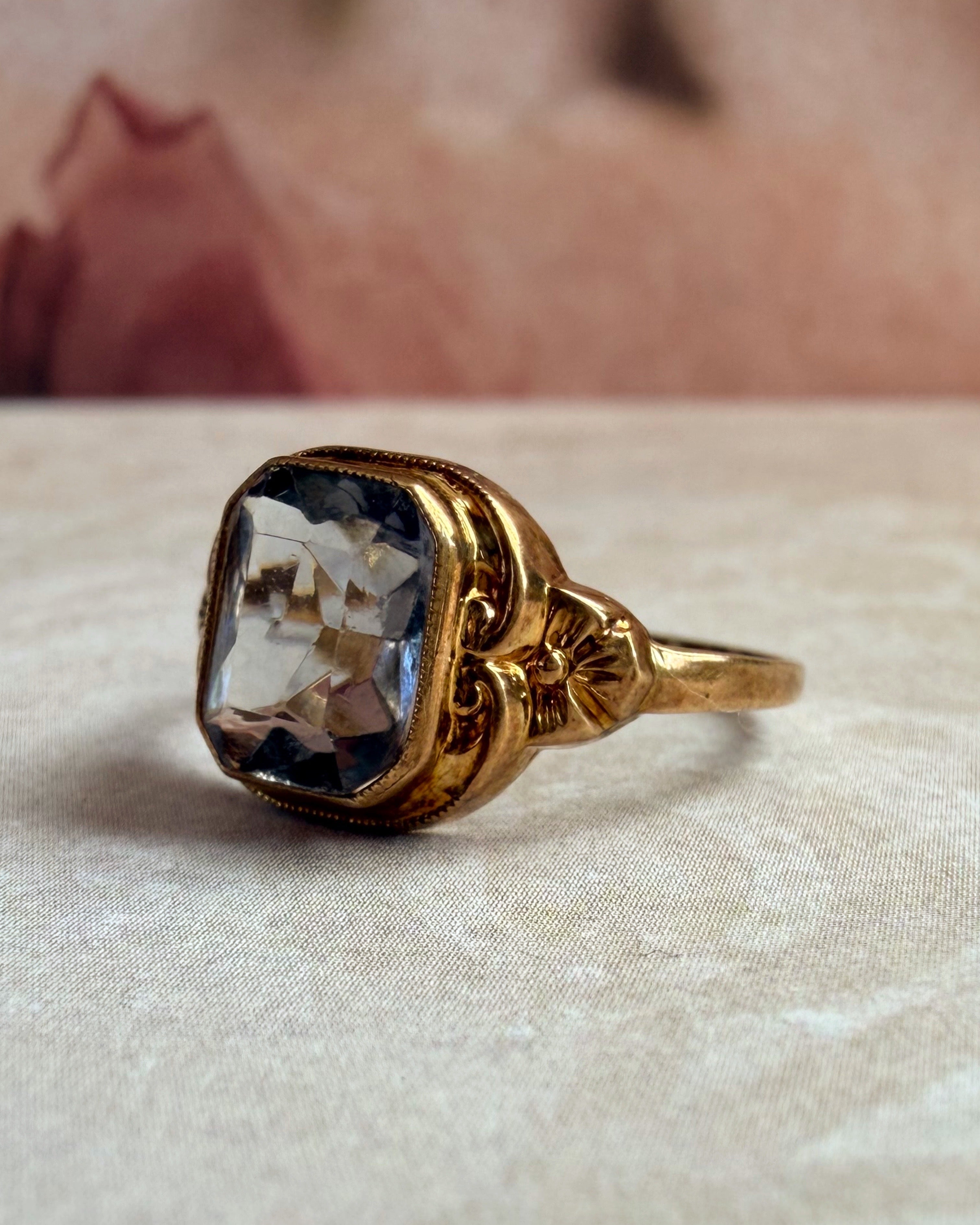 Retro Budlong Docherty & Armstrong 10k Yellow Gold and Blue Glass Bezel Ring