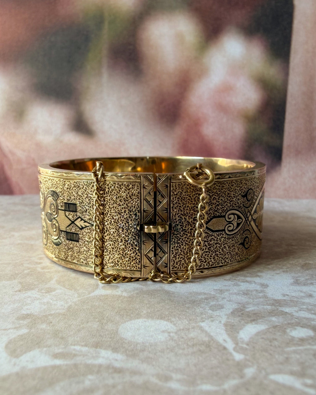 Victorian 10k Yellow Gold and Black Enamel Floral Taille D'Epargne Bangle Bracelet