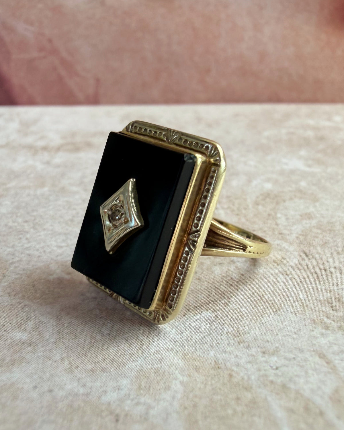 Art Deco 10k Yellow Gold, Onyx, and Diamond Ring