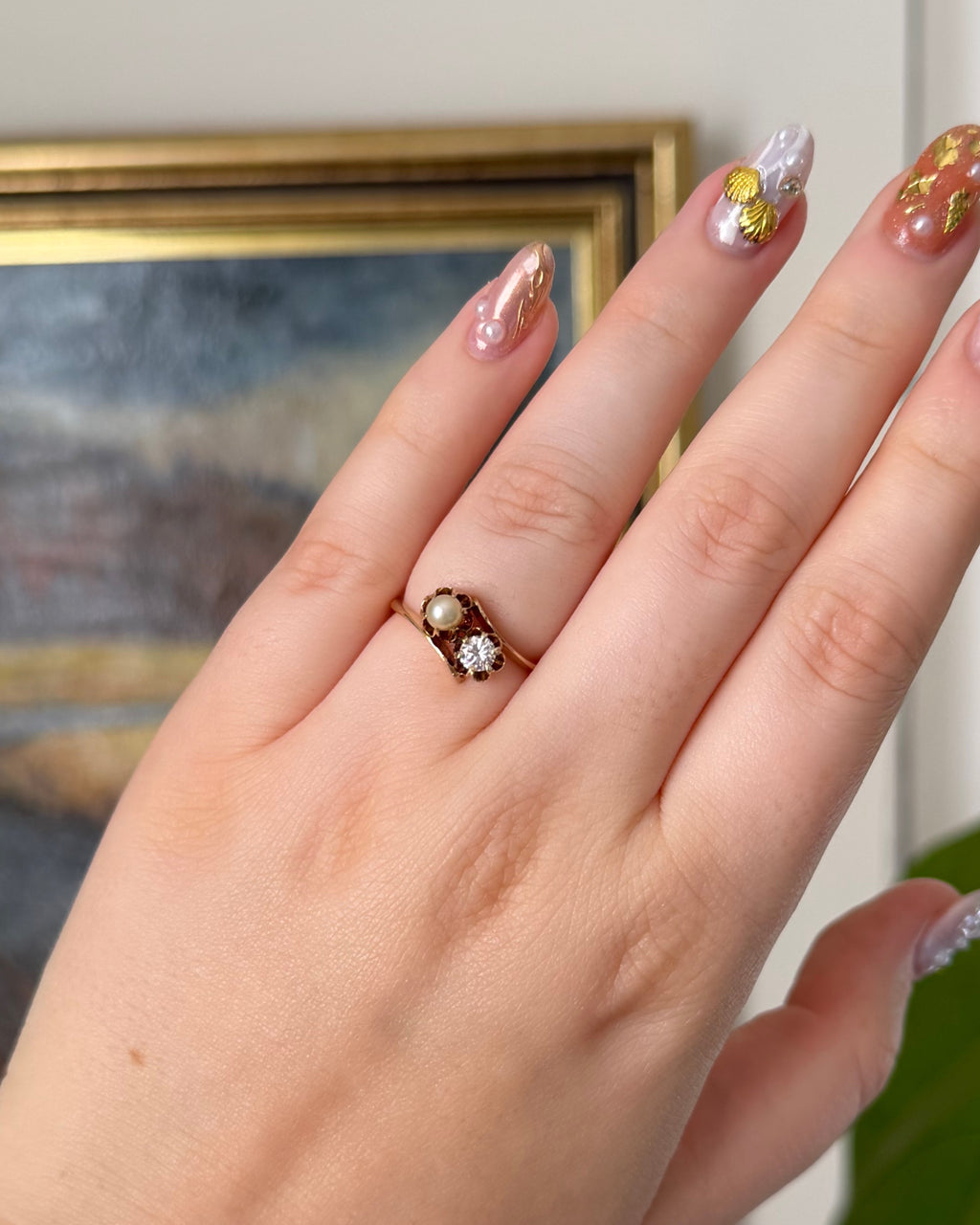 Retro 12k Yellow Gold Diamond and Pearl Toi et Moi Bypass Buttercup Ring