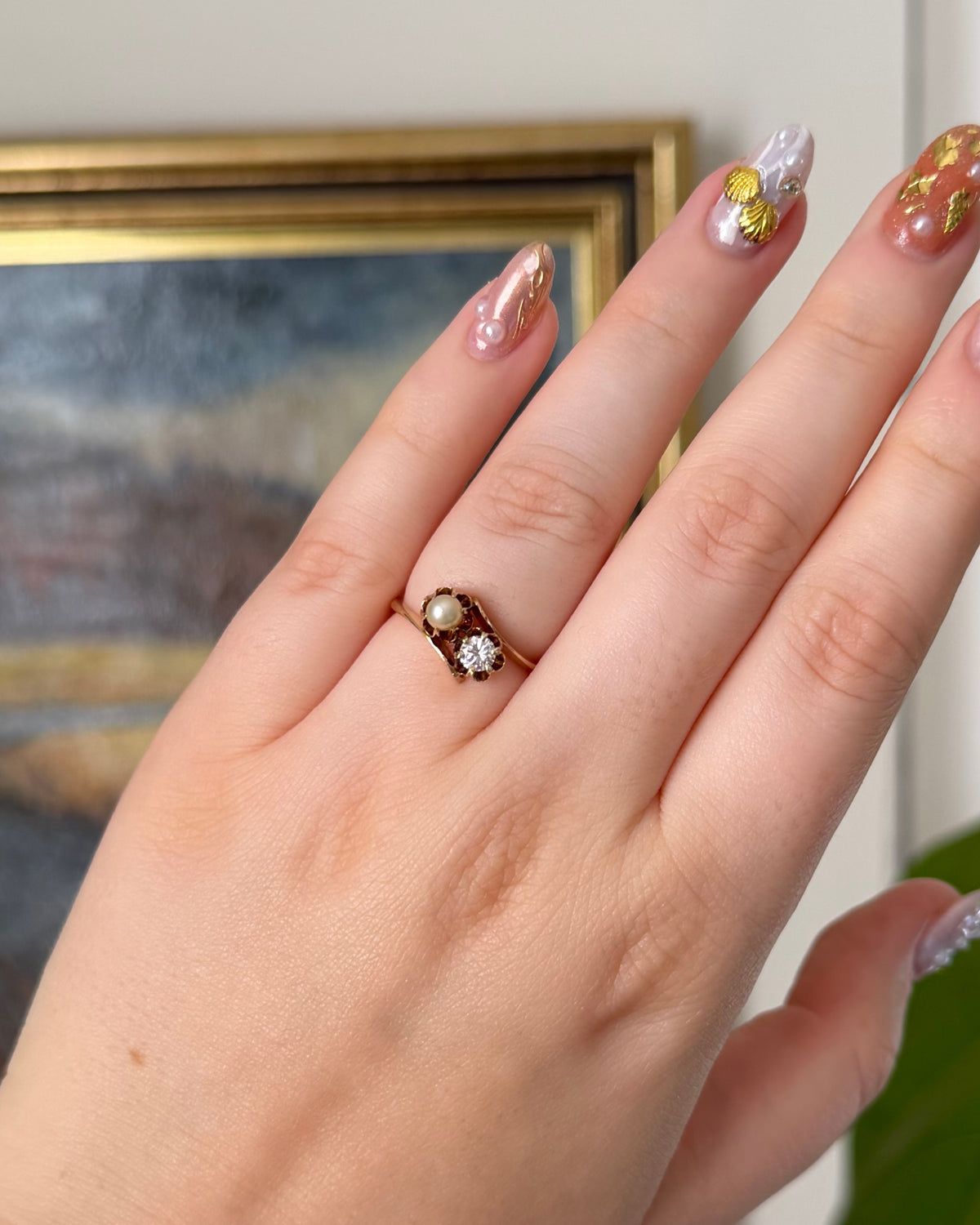 Retro 12k Yellow Gold Diamond and Pearl Toi et Moi Bypass Buttercup Ring