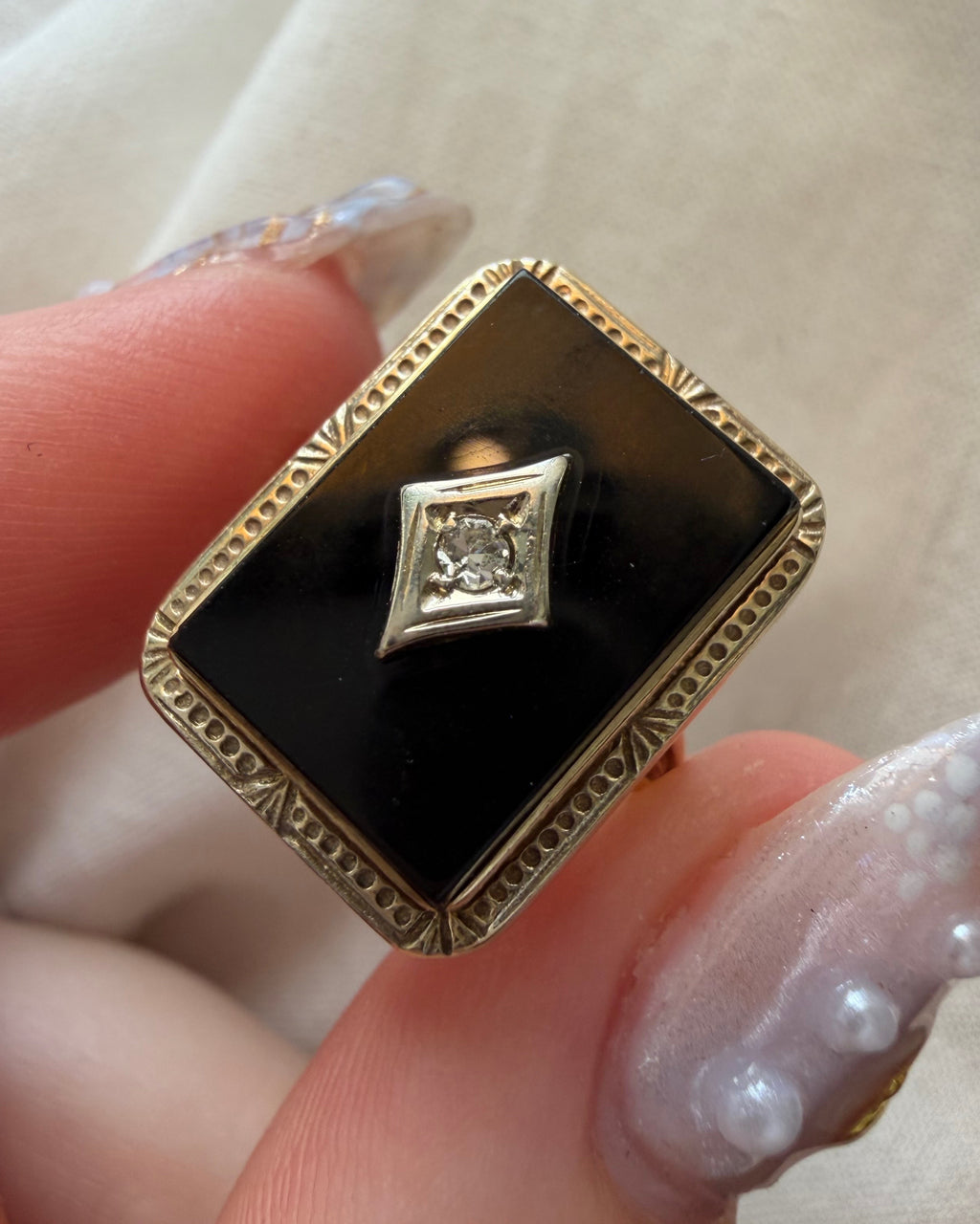 Art Deco 10k Yellow Gold, Onyx, and Diamond Ring