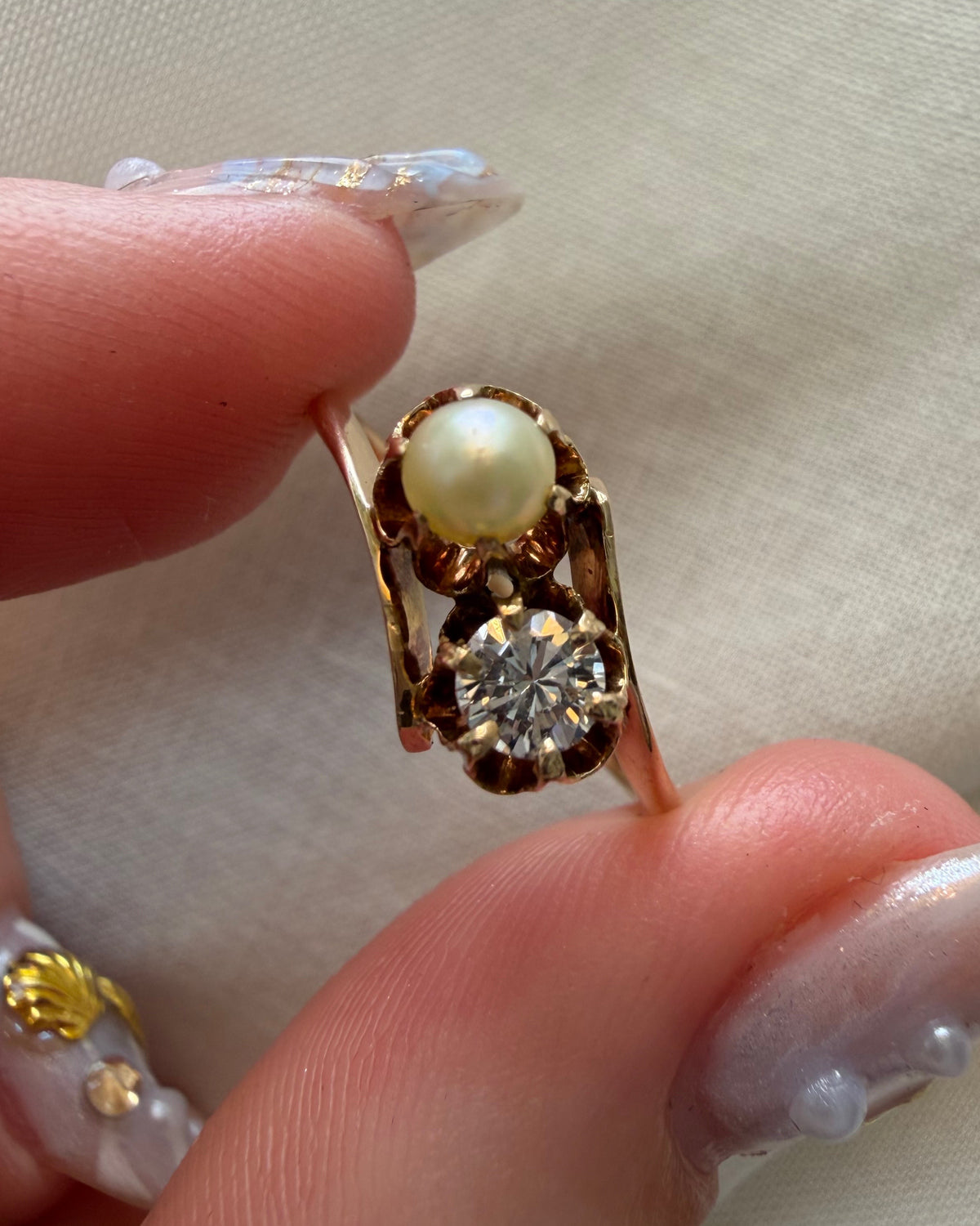 Retro 12k Yellow Gold Diamond and Pearl Toi et Moi Bypass Buttercup Ring