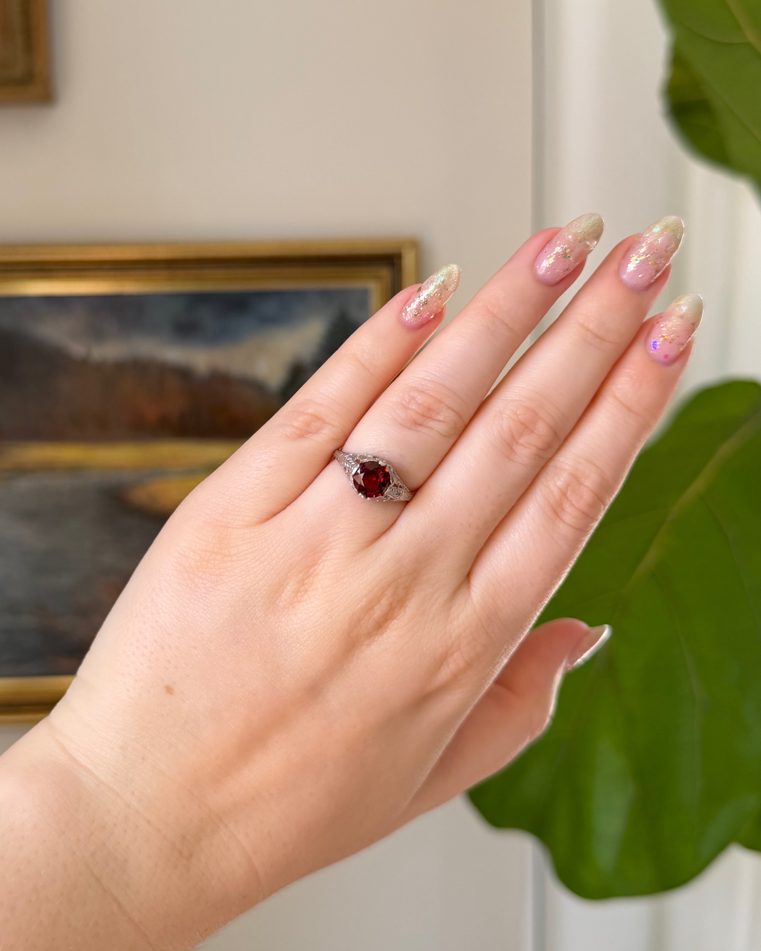 Art Deco 14k White Gold and Garnet Filigree Ring