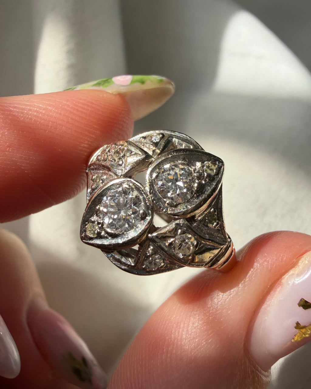 Late Art Deco 14k White and Diamond Toi et Moi Dinner Ring