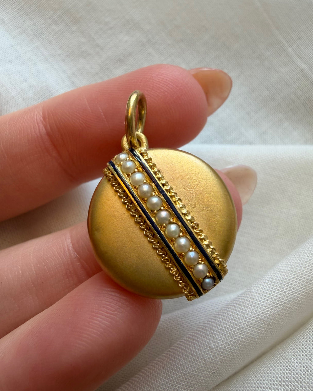 Victorian 14k Yellow Bloomed Gold, Pearl, and Enamel Locket Pendant