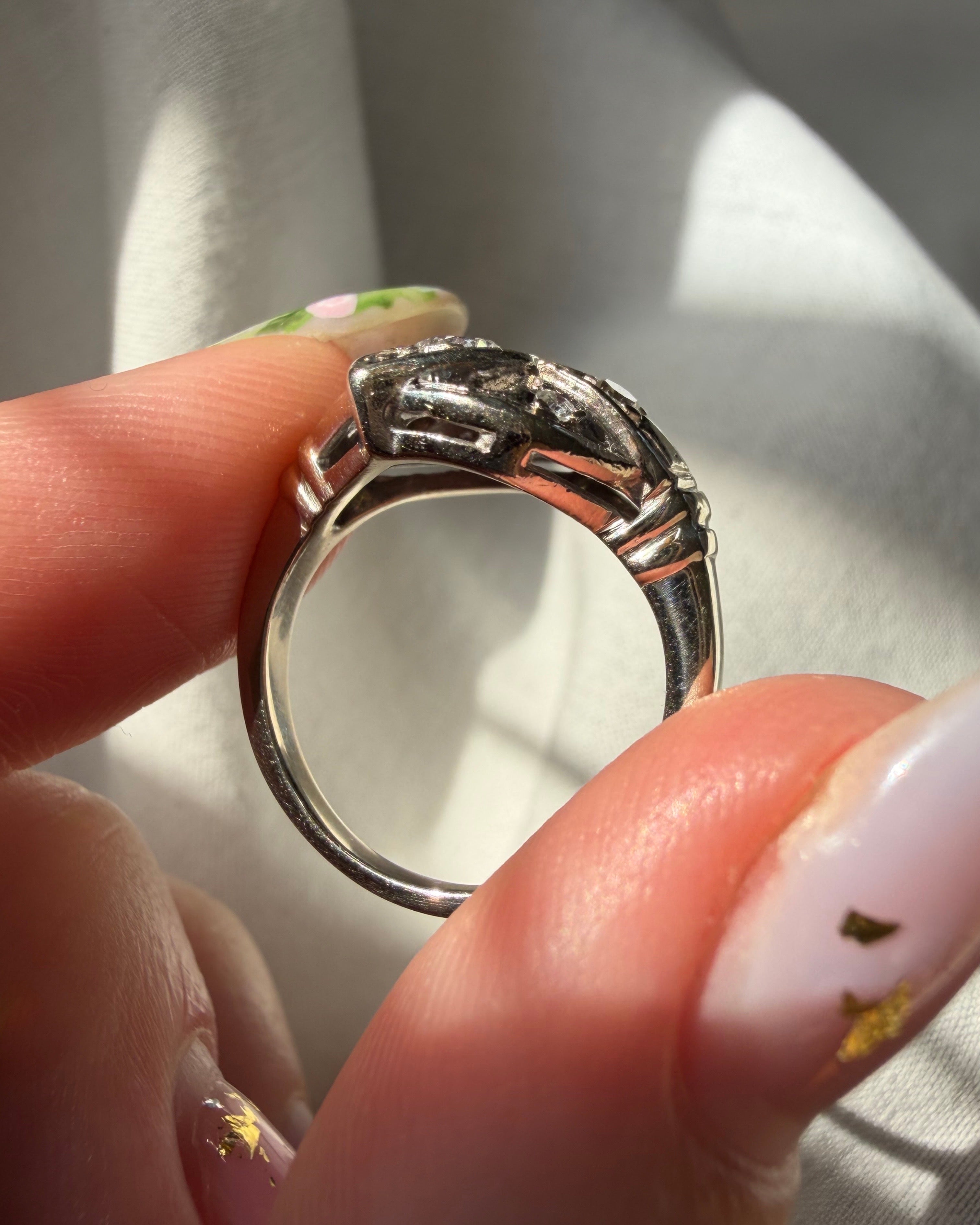 Late Art Deco 14k White and Diamond Toi et Moi Dinner Ring