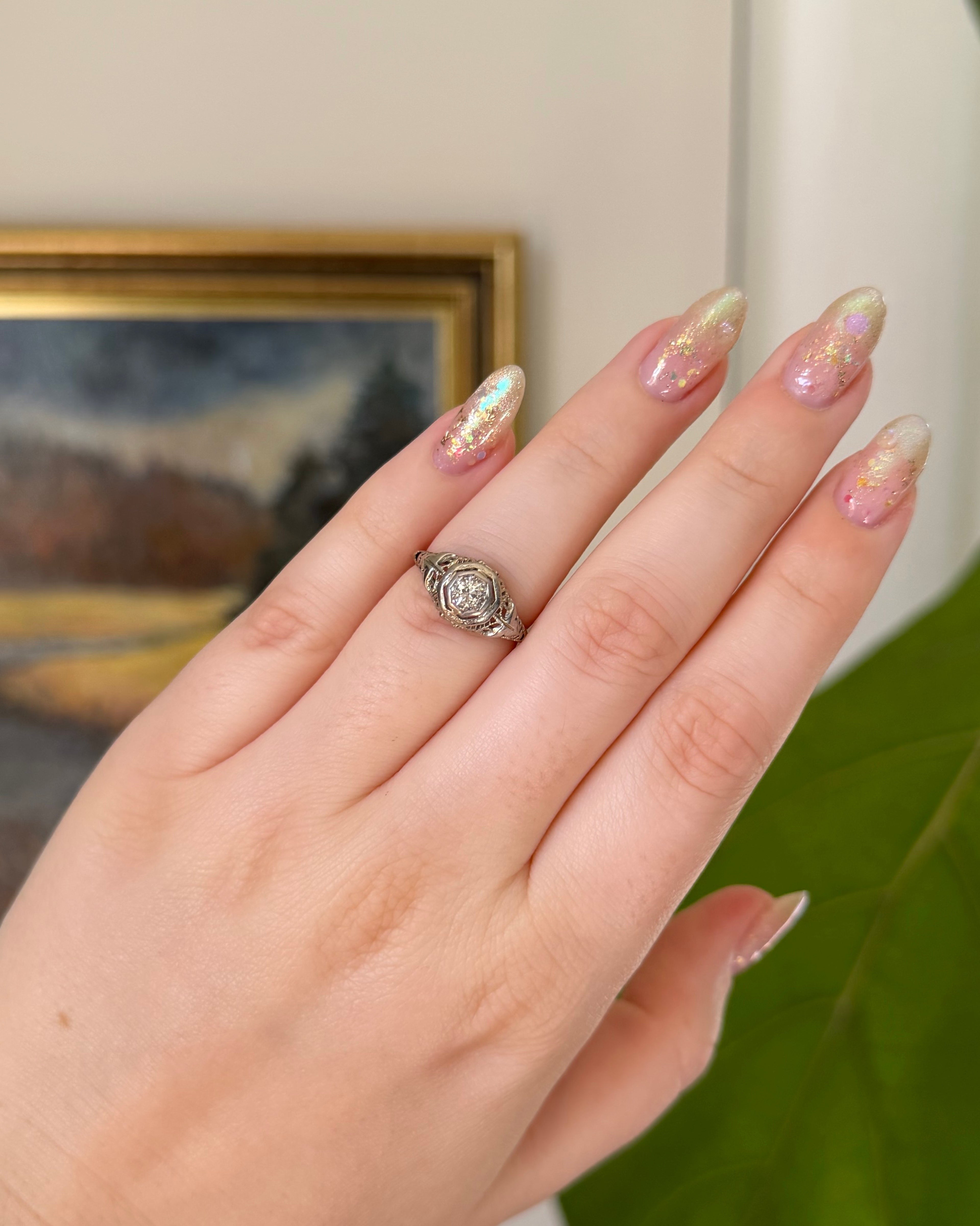 Art Deco 14k White Gold and Old European Cut Diamond Filigree Ring