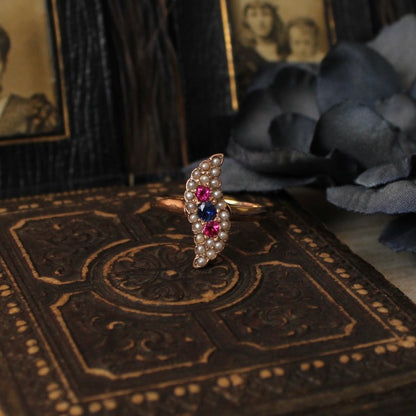 Edwardian 10k Rose Gold Sapphire, Ruby, and Pearl Ring